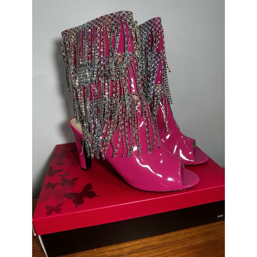 Pleaser Queen-100 Rhinestone Fringe Ankle Boots Pink Open Toe Heels Party 16M